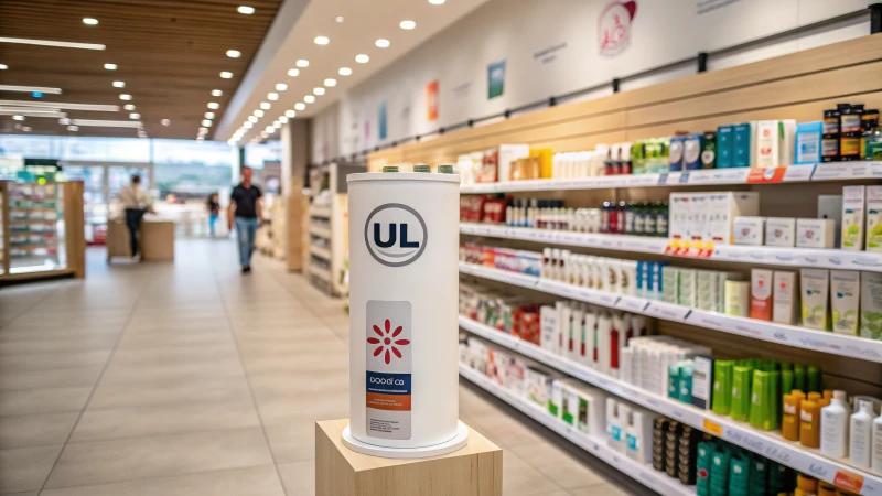 A retail environment featuring consumer products with a visible UL certification logo.