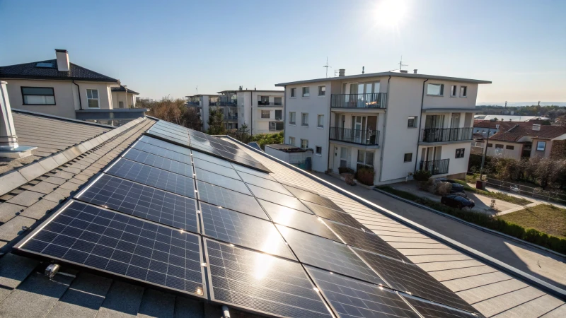 Rooftop solar panels under a blue sky