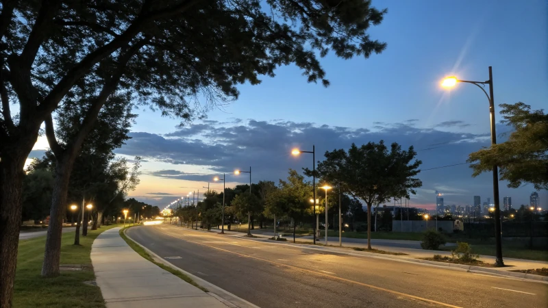 Urban street at dusk with streetlights and skyline