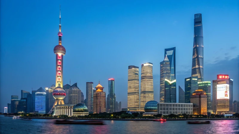 Night view of Shanghai skyline with illuminated skyscrapers