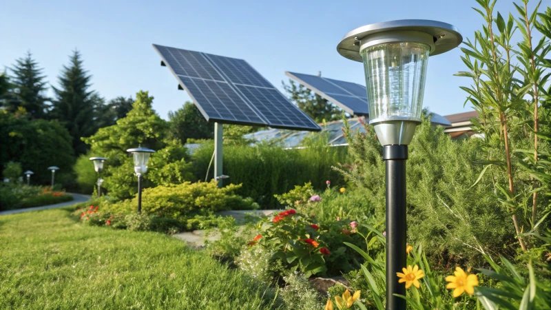 Modern solar lights in a lush garden under bright sunlight
