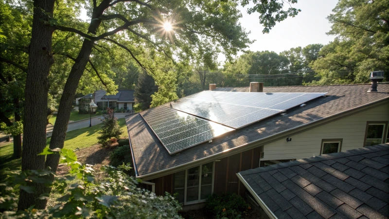 Solar panels on a roof with dappled sunlight and tree shadows