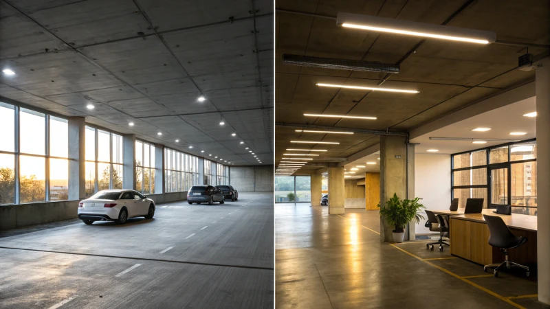 A split image of a dimly lit parking garage and a bright modern office