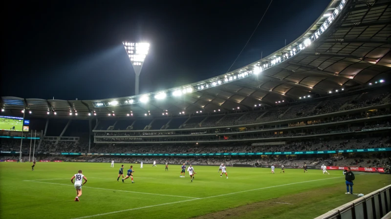 A large stadium at night filled with spectators and flood lights illuminating the field.