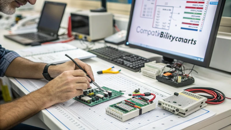 Close-up of technician's hands examining electronic components on a workbench