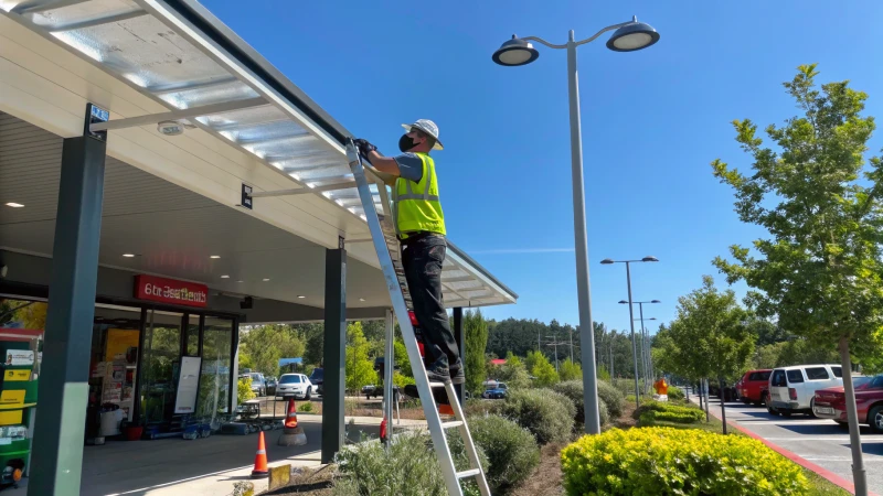 Technician installing LED lights on a ladder