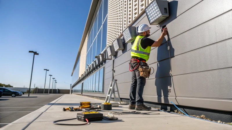 A technician in a safety harness installing LED lights on a building
