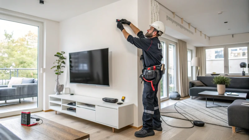 A professional technician installing a security system in a modern living room