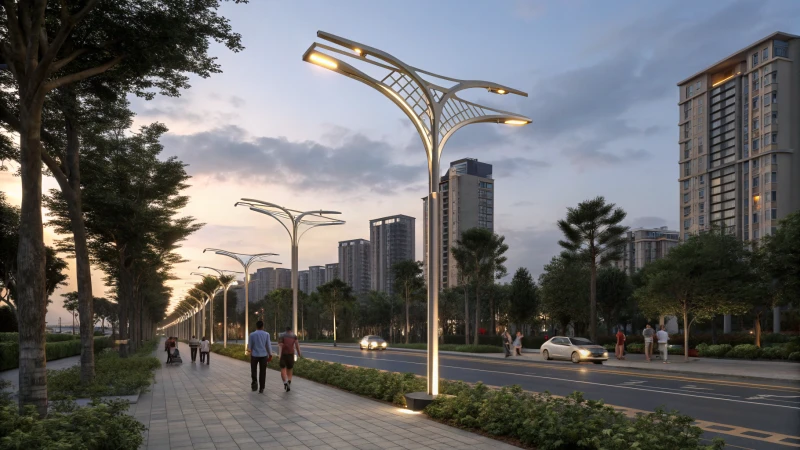 Photorealistic urban scene with modern street light poles and pedestrians