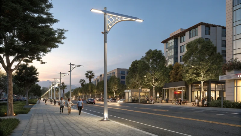 A modern urban street at dusk with bright street lights and contemporary buildings.