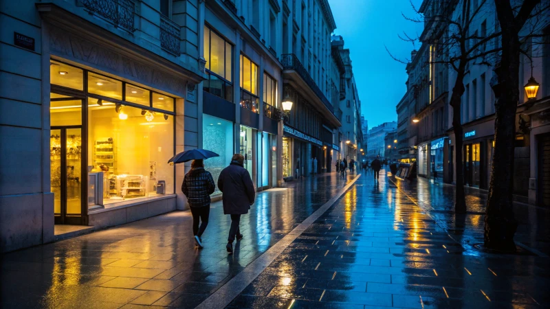 A vibrant urban street scene at dusk with pedestrians and glowing storefronts.