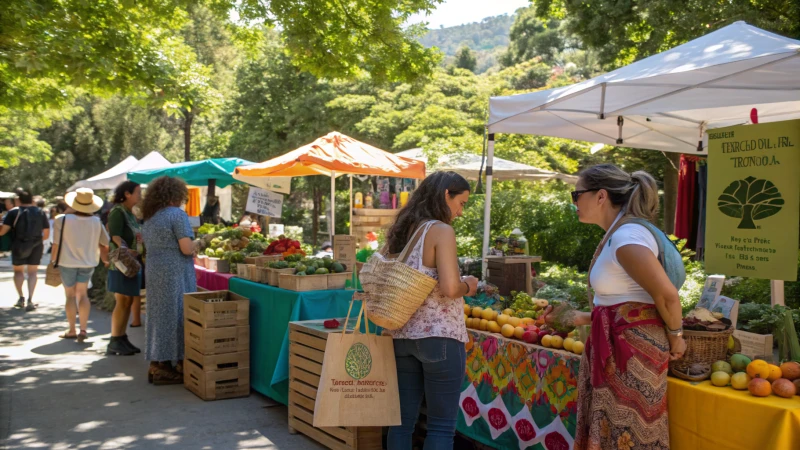 A bustling outdoor marketplace with eco-friendly products