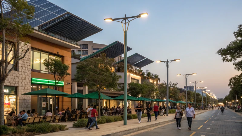 A vibrant urban street at dusk with modern LED streetlights and people walking.