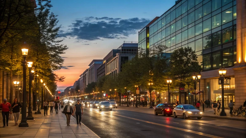 Urban street scene at dusk with solar street lights and pedestrians