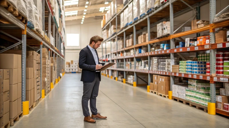 A business professional checking inventory in a spacious warehouse