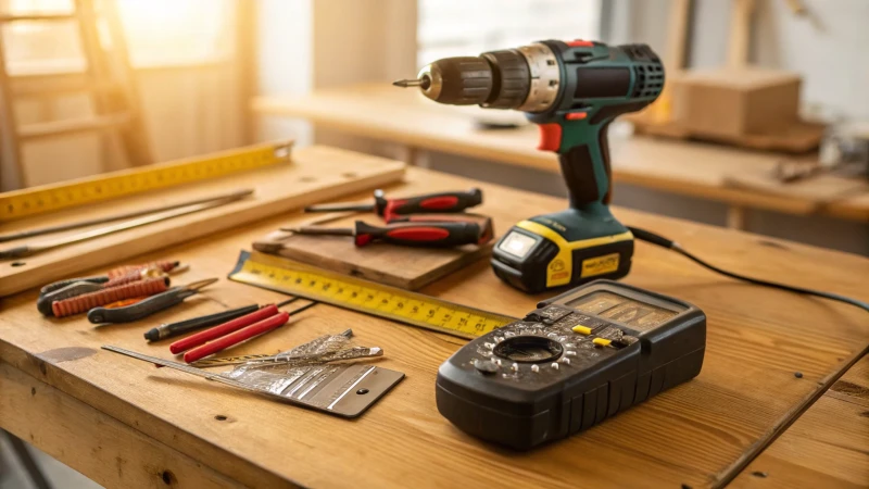 A well-lit wooden workbench with various installation tools