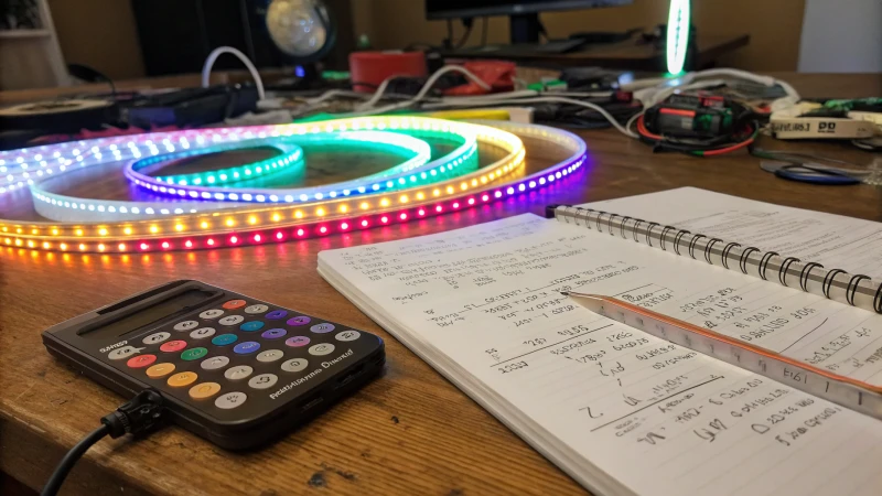 A colorful workspace with LED strips and a calculator.