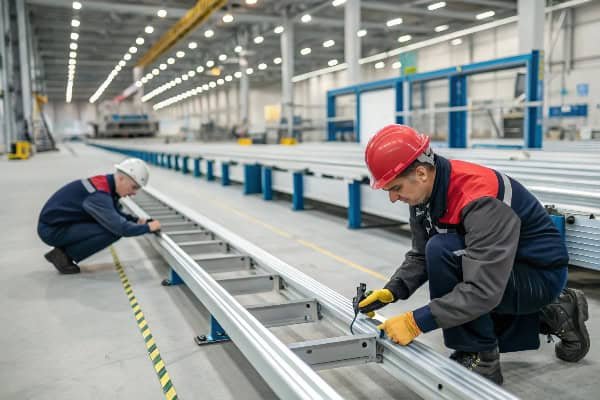 Aluminum track lighting quality control inspection at Besenled manufacturing facility
