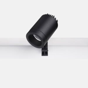 Black track light fixture on white background.