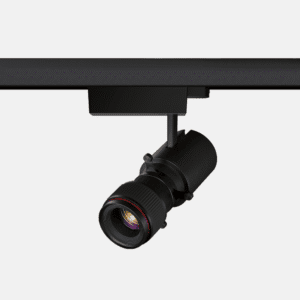 Black track lighting fixture with lens.