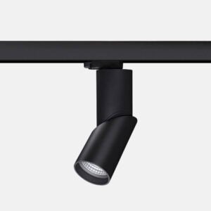Black ceiling-mounted spotlight on white background
