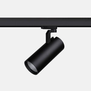 Black track light fixture on ceiling rail