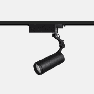 Black track light spotlight fixture on white background.