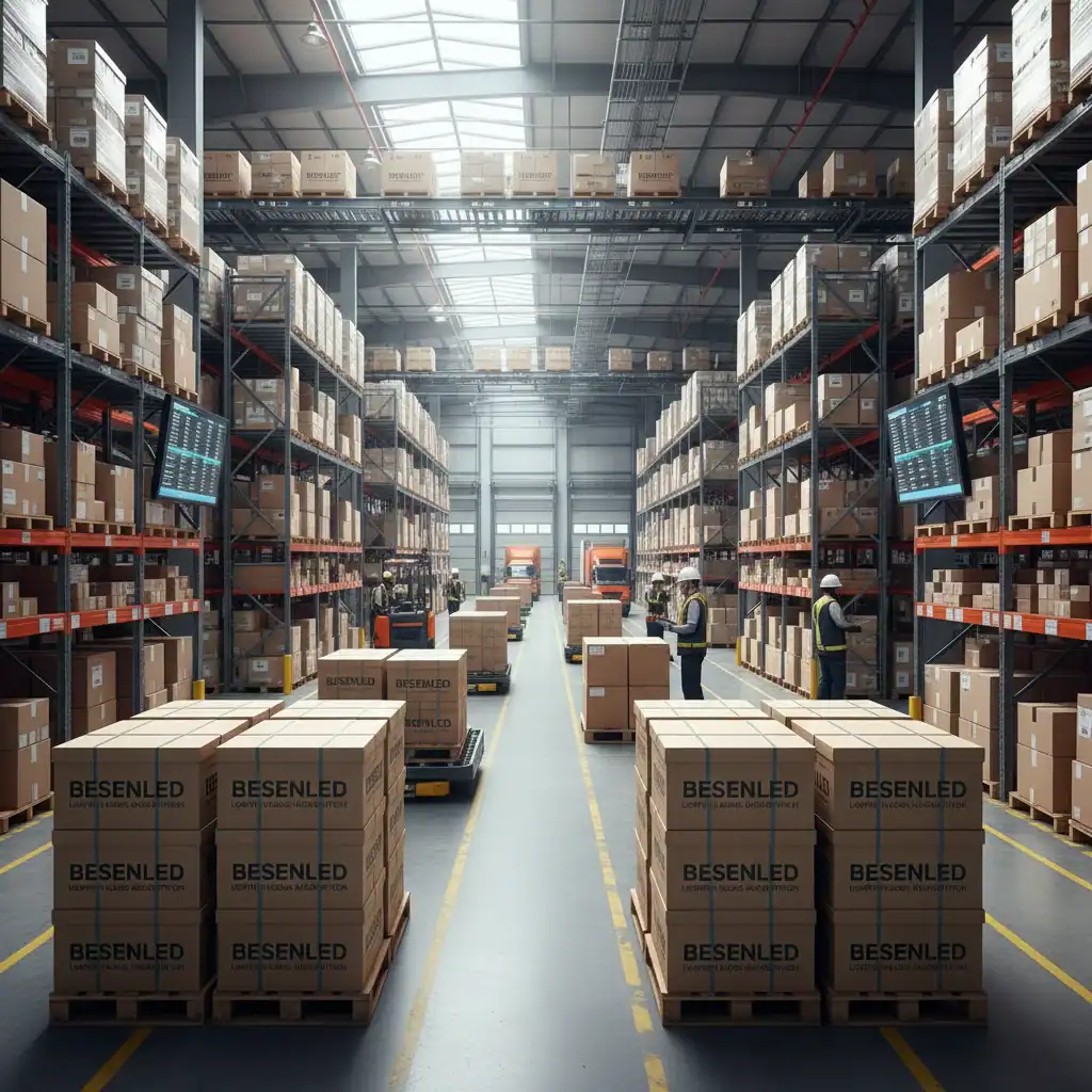 A wide-angle shot of a busy, modern distribution warehouse with boxes labeled Besenled ready for shipment.