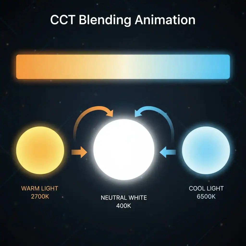 CCT Blending Animation An animated graphic showing the blending of warm and cool light to produce a neutral white.