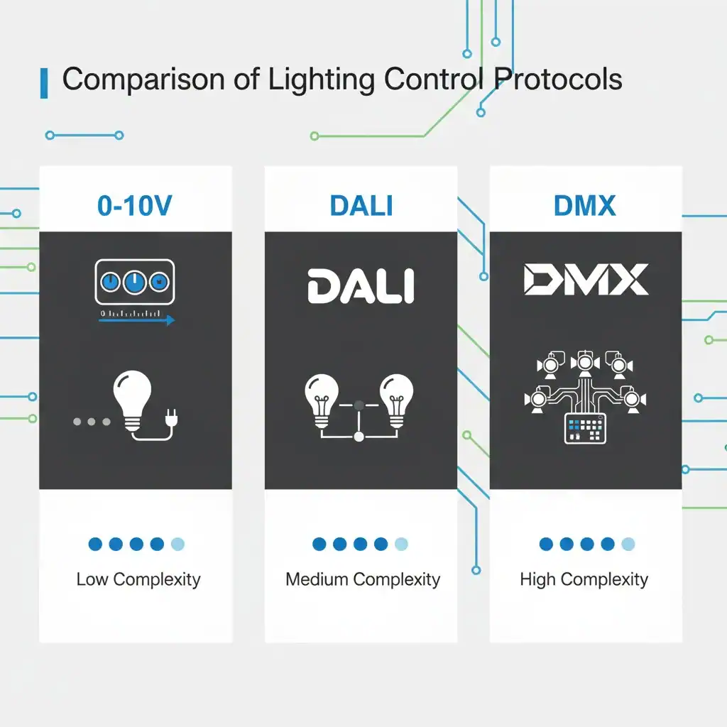 Comparison of Lighting Control Protocols A graphic comparing the logos of 0-10V, DALI, and DMX with simple icons representing their complexity.