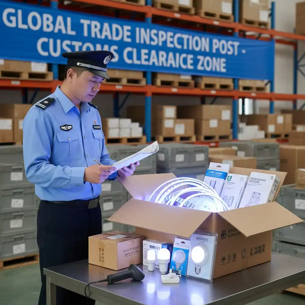 An image of a customs officer inspecting a box of LED lights with a clipboard.