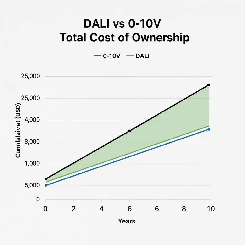 A graph showing the total cost of ownership of DALI vs 0-10V over 10 years, with DALI being lower long-term