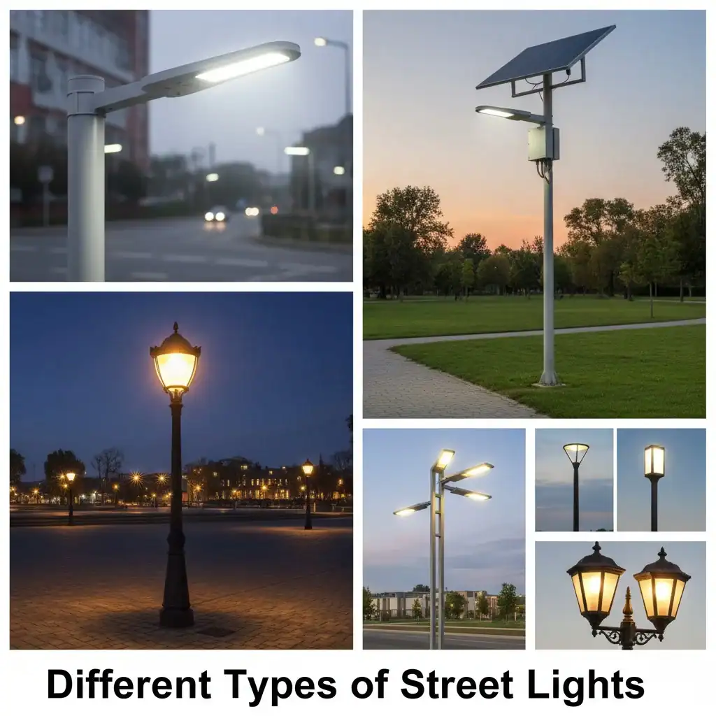 A collage of different street light types including LED cobra head, solar, and post-top luminaires