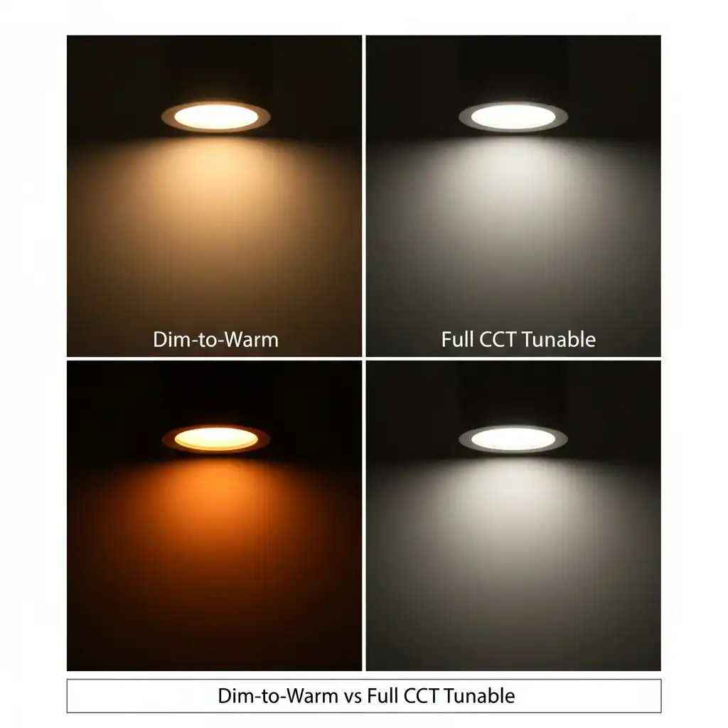 Dim-to-Warm vs Full CCT Tunable A split image showing a dim-to-warm light getting warmer as it dims on one side, and a full CCT tunable light maintaining its color as it dims on the other.