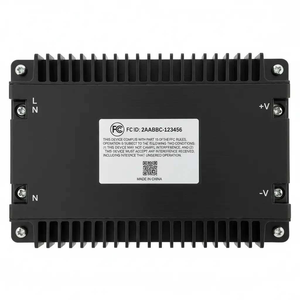 A close-up of the back of an LED driver showing the FCC logo and compliance text.