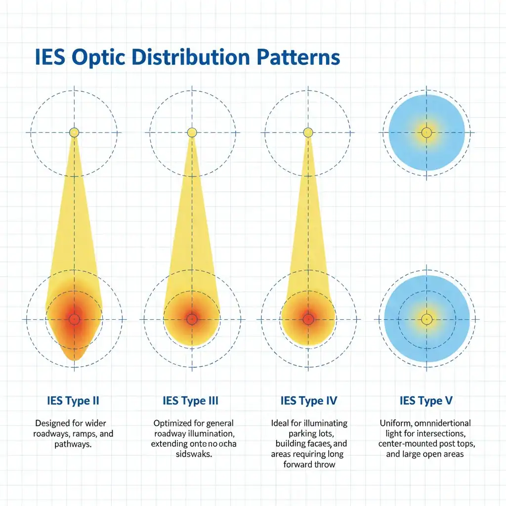 Diagram showing the light distribution patterns of IES Type II, III, IV, and V optics