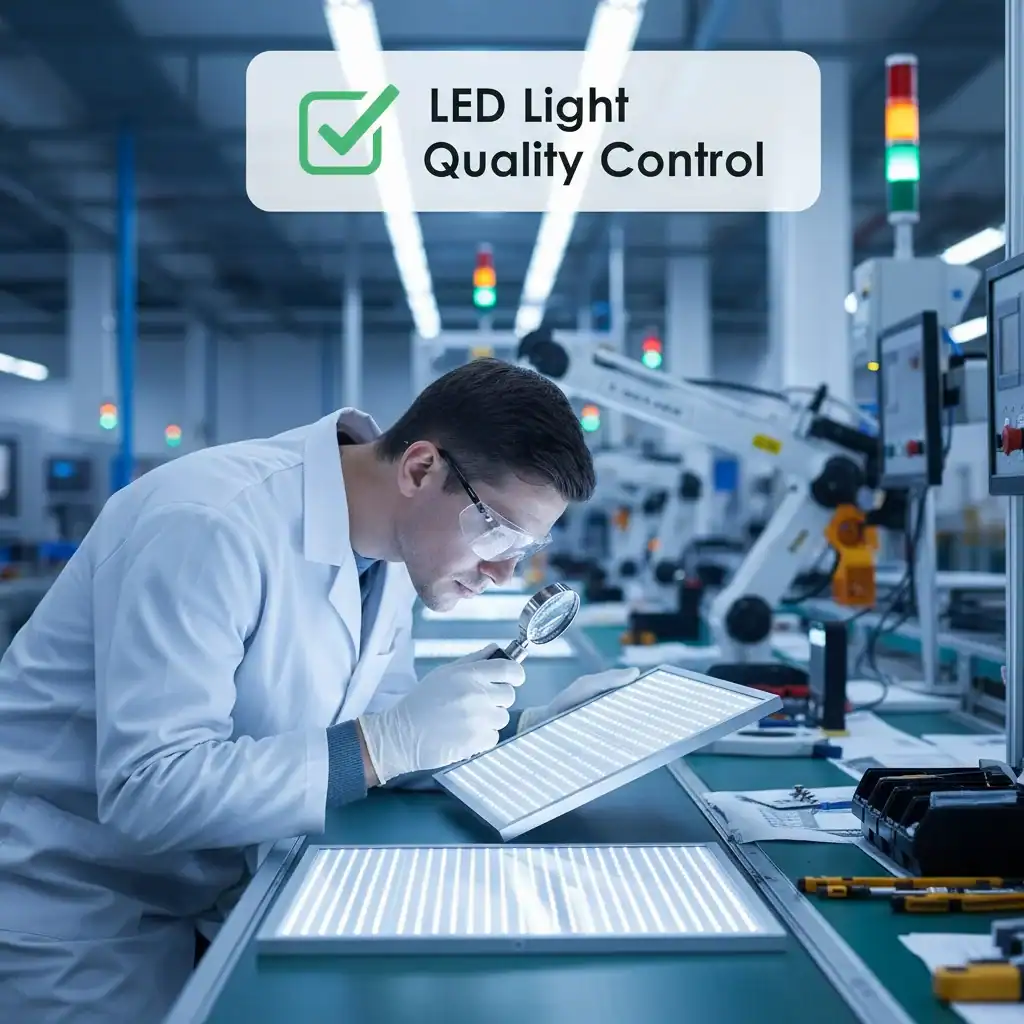 A person inspecting an LED light on a factory production line