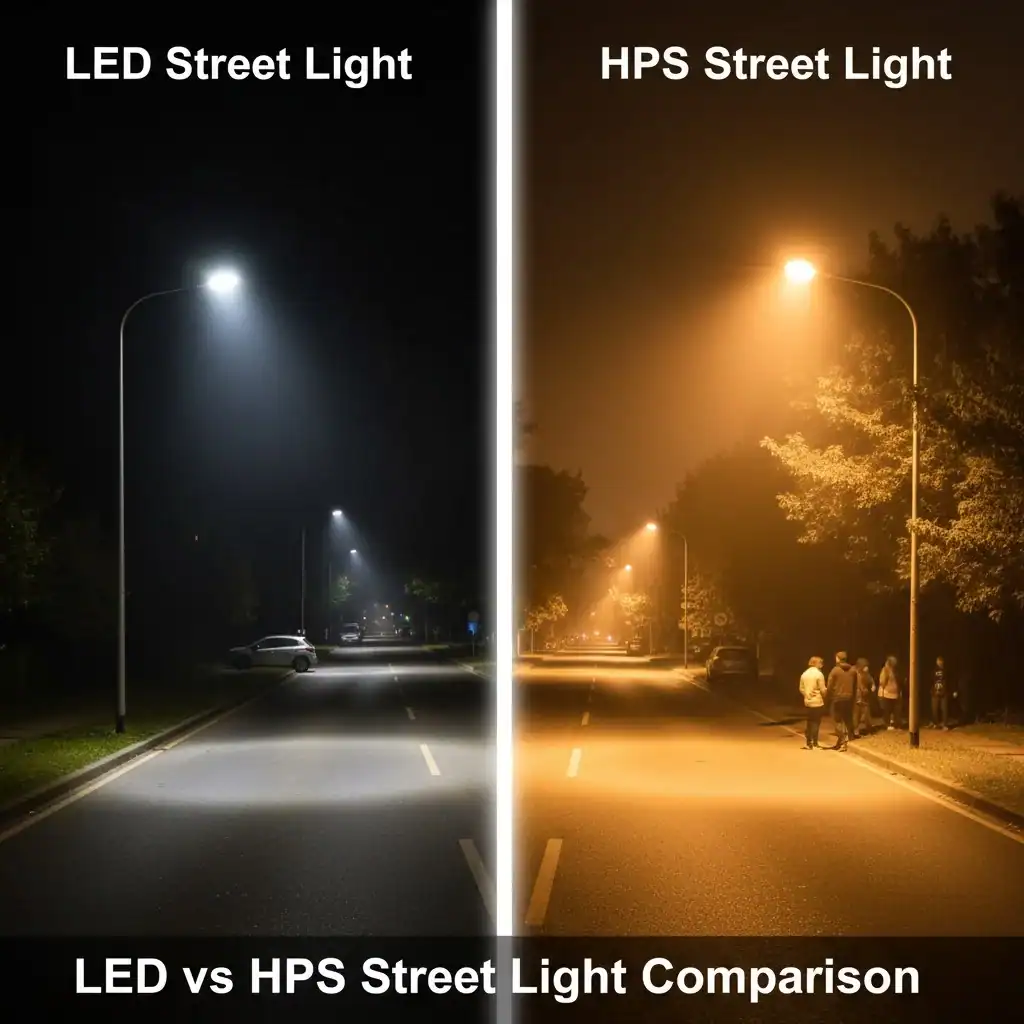 A side-by-side comparison of light output from an LED and an HPS street light