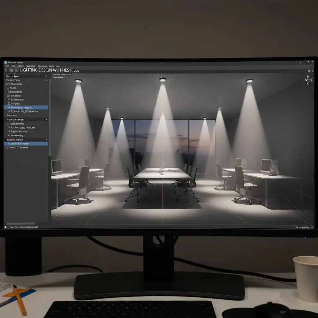 A computer screen showing a 3D lighting design simulation created using an IES file.