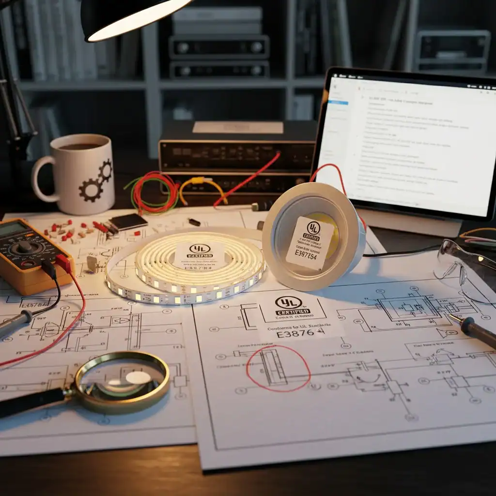 A close-up shot of an engineer's desk with schematics and different LED products like a strip light and a downlight.