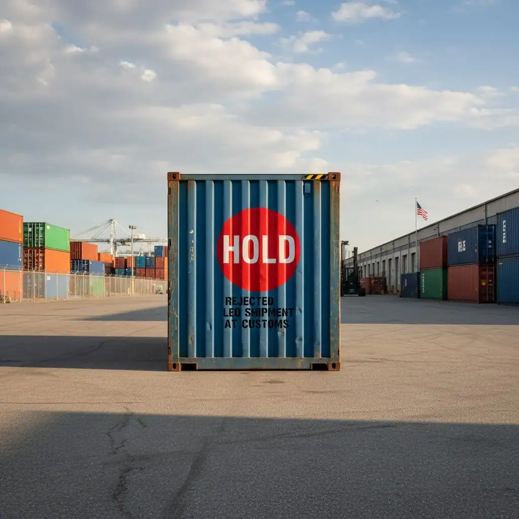 A photo of a rejected shipping container with a red "HOLD" sticker on it at a U.S. port.