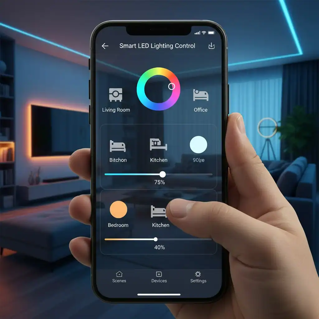 A smartphone screen showing an app controlling the color and brightness of smart LED lights in a room