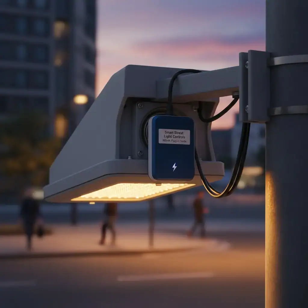 A street light with a NEMA socket and a plug-in smart node