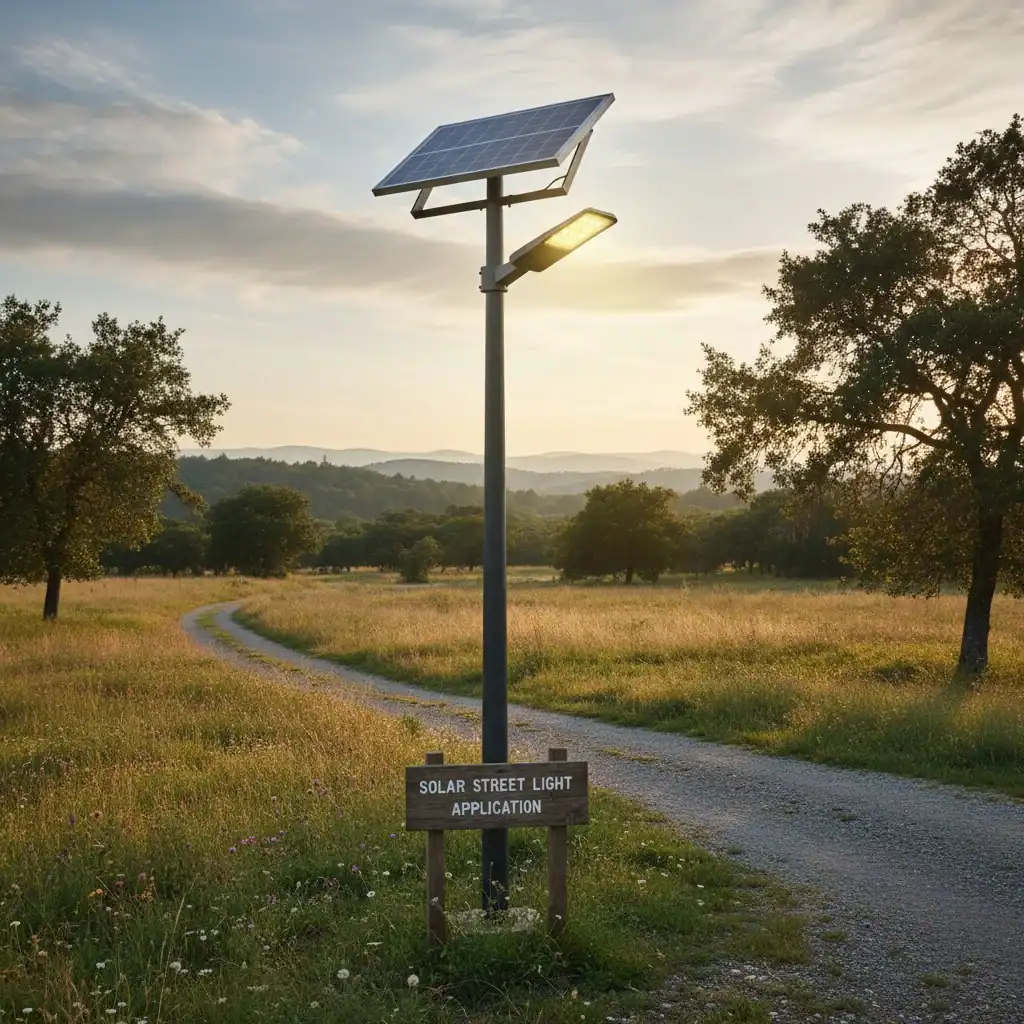 A standalone solar street light in a rural or park setting