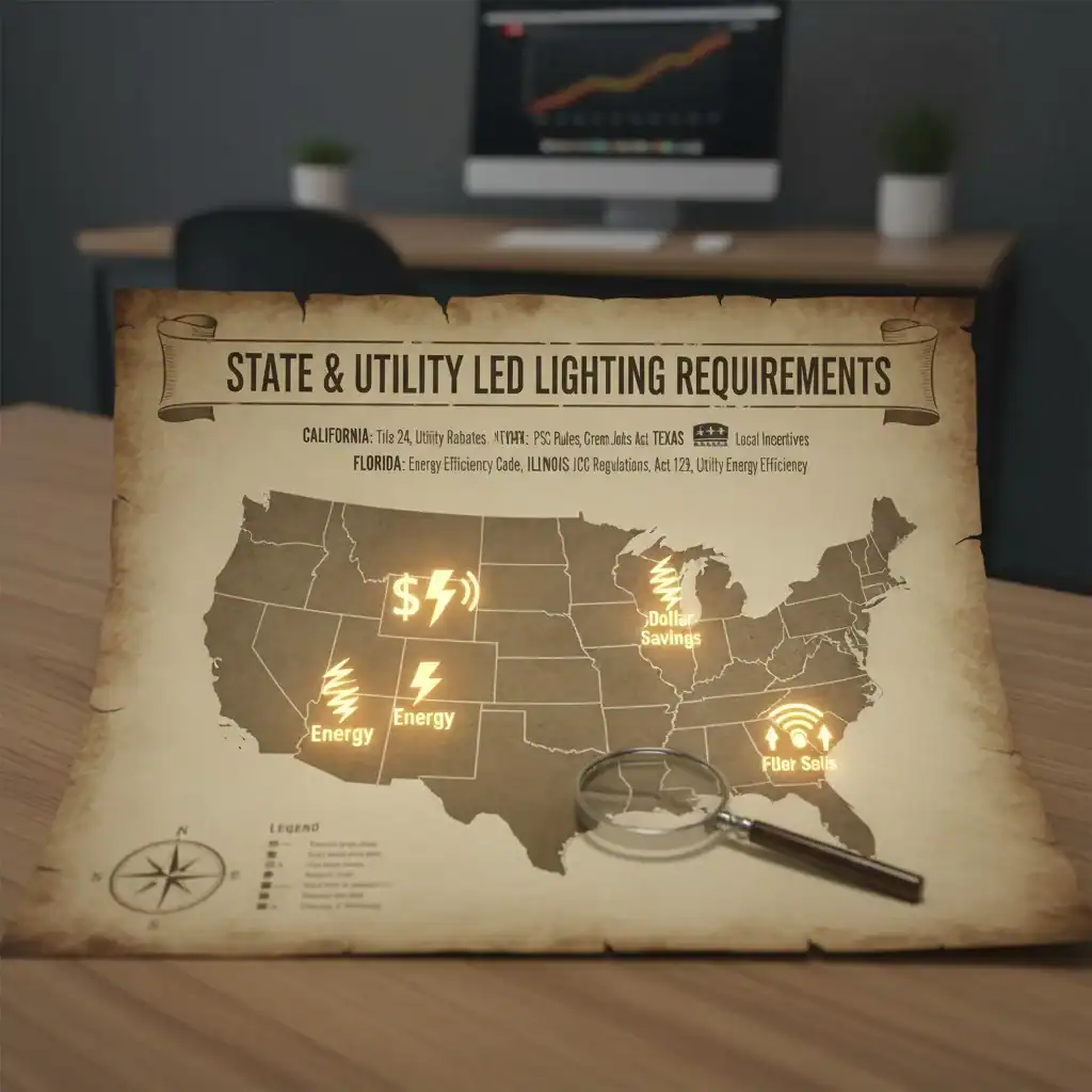 A map of the United States with California and a few other states highlighted, with energy and dollar sign icons.