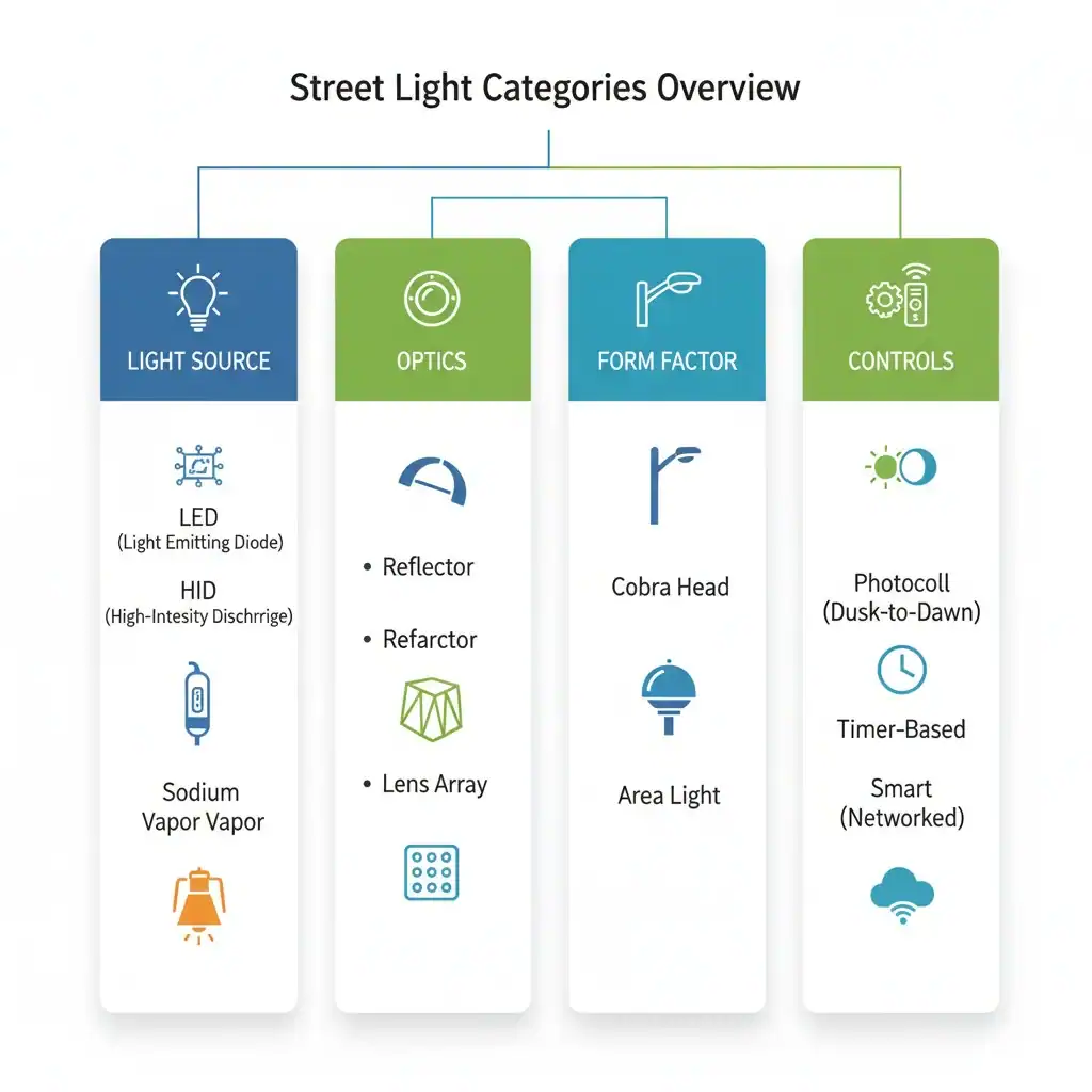An infographic showing the main categories of street lights: light source, optics, form factor, and controls