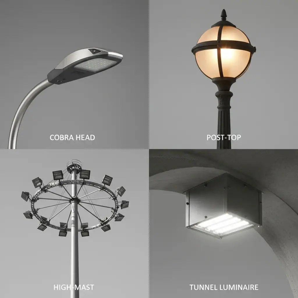 Images of a cobra head, post-top, high-mast, and tunnel luminaire