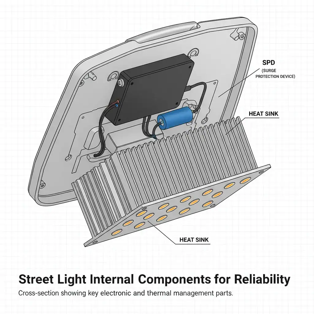 A cutaway view of an LED street light showing the driver, SPD, and heat sink