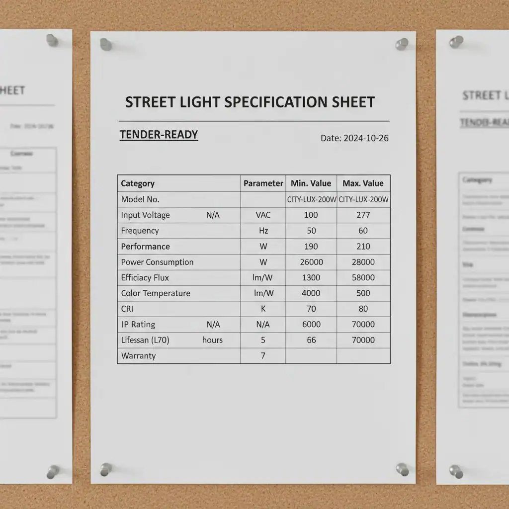 An example of a clear, tender-ready specification table for a street light