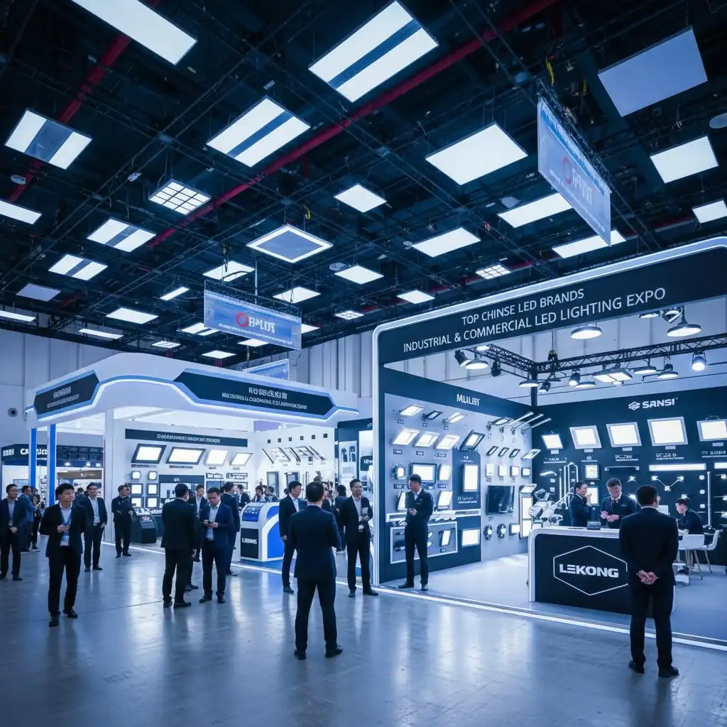 An exhibition hall showcasing different types of commercial and industrial LED lights